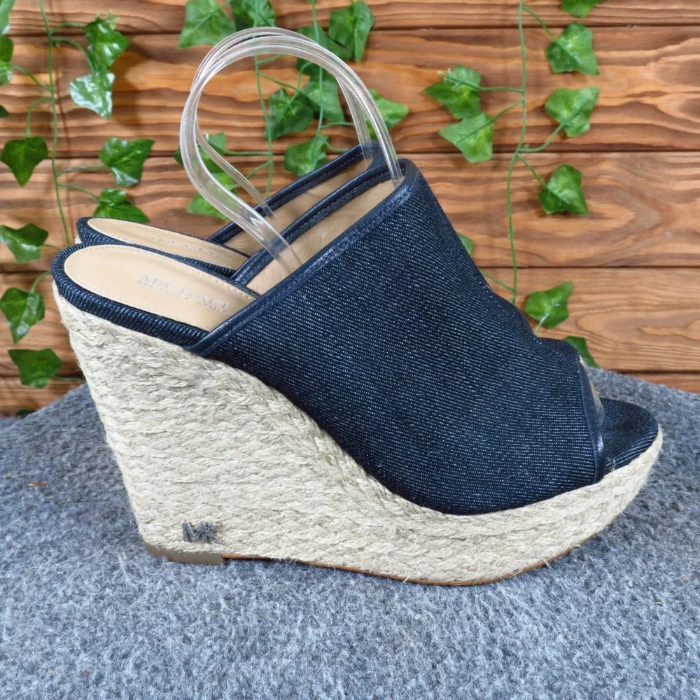 Michael Kors Hastings Mule Womens Wedge Sandals Size 7M Summer Navy Denim Jute